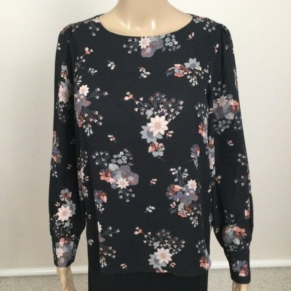 LOFT Petite Blouse, Floral on Black Background, Double Buttons - Picture 3 of 9